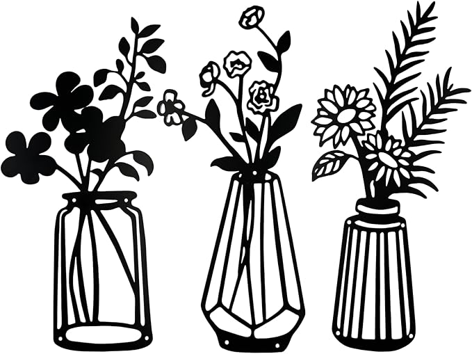 3 Pcs Metal Flowers Wall Arts,Black Metal Vase Wall Art,Iron Art Painting,Rustic Farmhouse Decor Minimalist Flower Decor for Bedroom Bathroom Living Room Dining Room(Black, Vase-B)