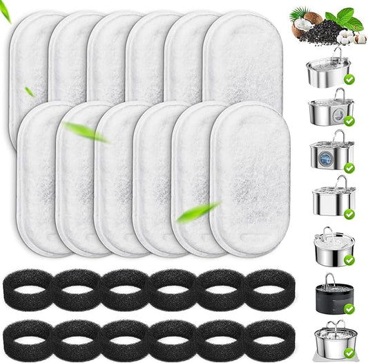 Cat Water Fountain Filters, 12 Pack Replacement Filters & Pre-Filter Sponges for 3.2L/108Oz & 67oz/2L Stainless Steel Pet Fountain, Carbon Filters for Automatic Cat Water Dispenser Water