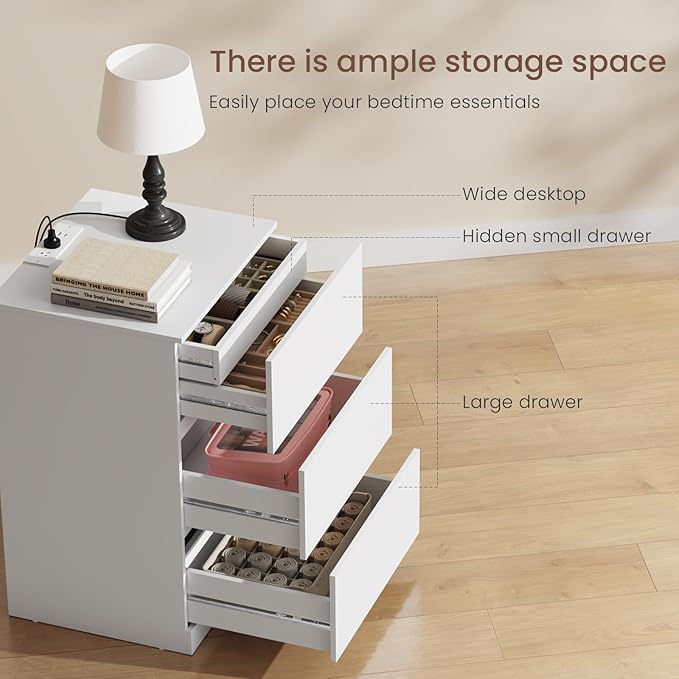 Nightstand, 4 Drawers, 26" H with Hidden Drawer, Bedside Table with Charging Station, Modern Night Stand for Bedroom, White