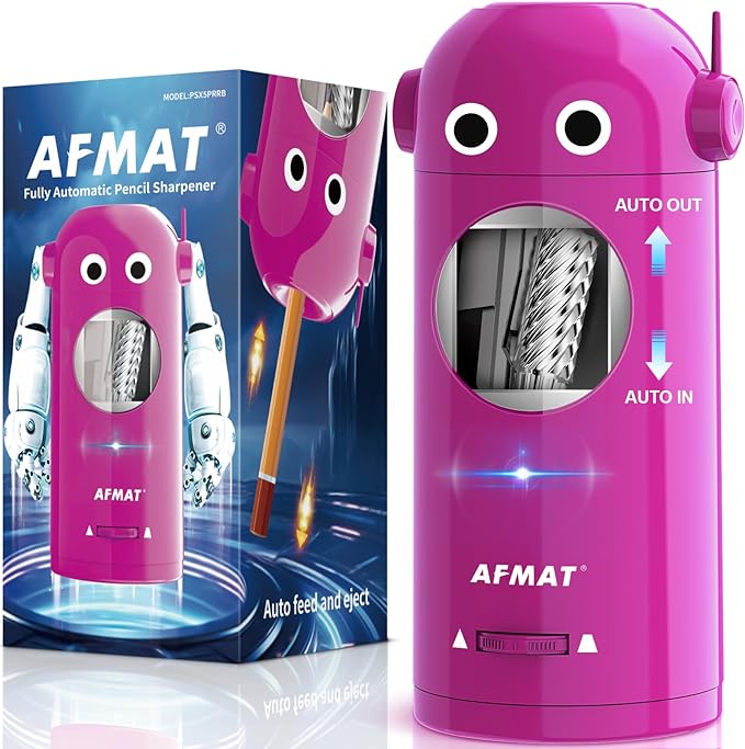 AFMAT Electric Pencil Sharpener for Colored Pencils 7-11.5mm, Fully Automatic Robot Pencil Sharpener, Auto in & Out, Rechargeable Hands-Free for Classroom/Home/Office, Battery Operated, PSX5RB, Pink