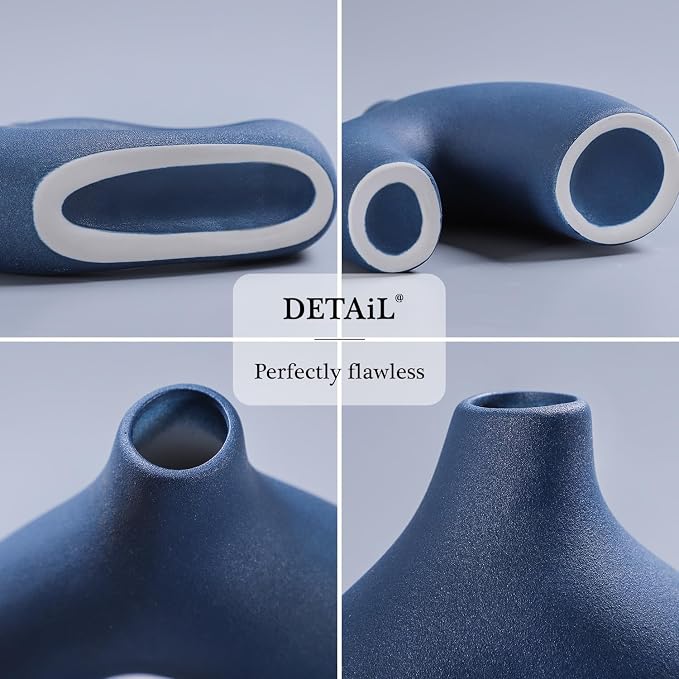 CEMABT Blue Ceramic Vase Set of 2 for Modern Minimalist Bohemian Decor，Round Matte Donut Vases for Pampas Grass-Perfect for Living Room, Dining Table, Office Bedroom Shelf Decor Entryway, Console
