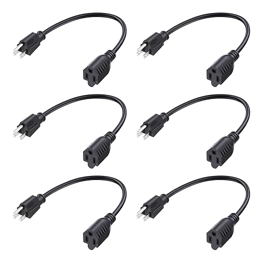 [ETL Listed] Cable Matters 6-Pack 16 AWG Heavy Duty 13A Short Power Extension Cord - 1ft, 3 Prong Power Cord Extension, NEMA 5-15P to NEMA 5-15R, Black
