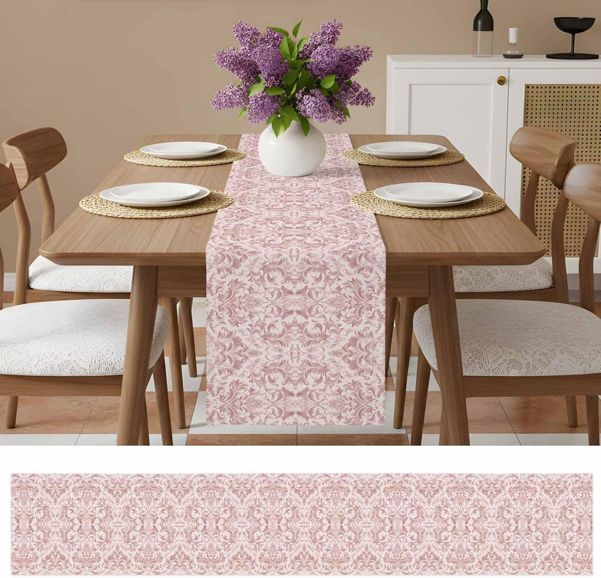 Pink Baroque Table Runner 70 Inches Long, Kitchen Dining Table Decoration, Farmhouse Scroll Floral Damask Patterned Coffee Tablerunner Dress Scarves Farmhouse Décor for Party, Holiday, 13 x 70