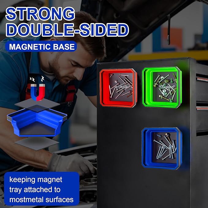 4.5” Collapsible Dual-Sided Magnetic Parts Tray Set 3-Pack for Screws Bolts Nuts Washers Pins with 1pc Magnetic Suction Rod