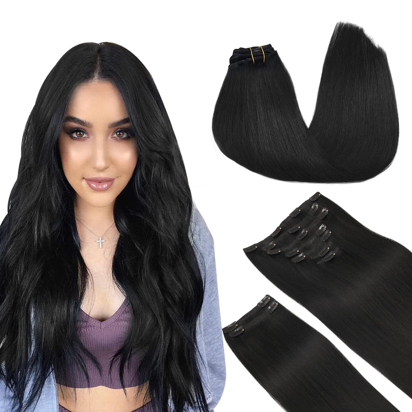Doores Clip In Hair Extensions Real Human Hair, Jet Black 150G 9Pcs 20 Inch, Human Hair Extensions Remy Hair Extensions Human Ha