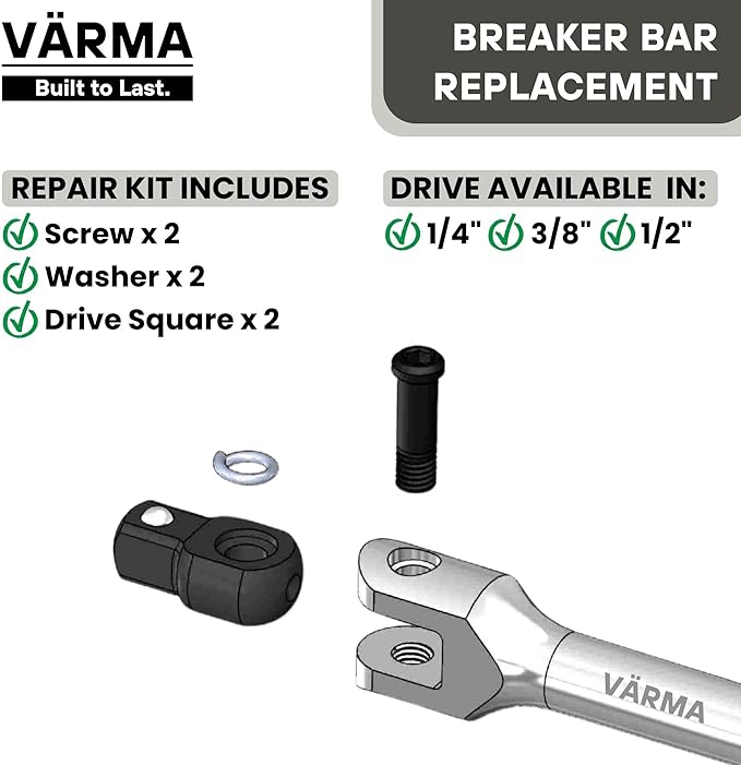 3/8" Breaker Bar Replacement Head Kit (2 PACK)– Advanced Washer-Tension Drive Head– Stays at Any Angle, No Flopping – CR-MO Breaker Bar Maintenance Pack with Drive Squares & Screws