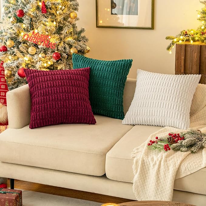 MIULEE Euro Sham Corduroy Decorative Throw Pillow Covers 22x22 Burgundy | Pack of 2 Soft Boho Striped Pillow Covers Modern Farmhouse Home Decor For Sofa Living Room Couch Bed