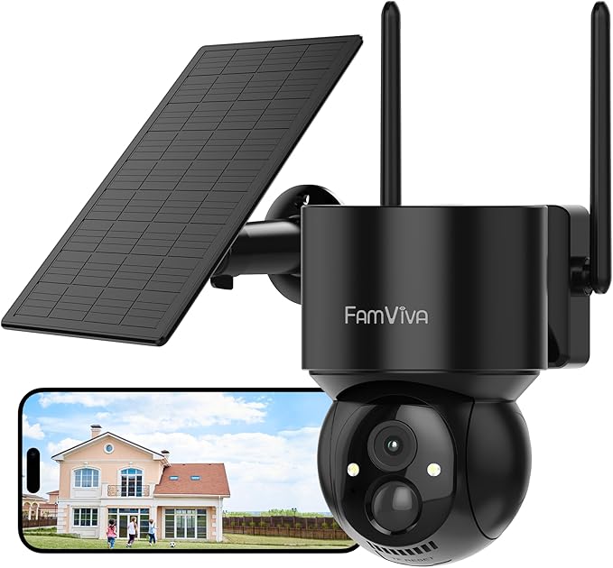 2K Solar Security Cameras Wireless Outdoor, 360°PTZ Battery Powered Cameras for Home Security, 2.4G WiFi Outdoor Camera with Color Night Vision, IP66 Waterproof, Motion Sensor Alarm, Black