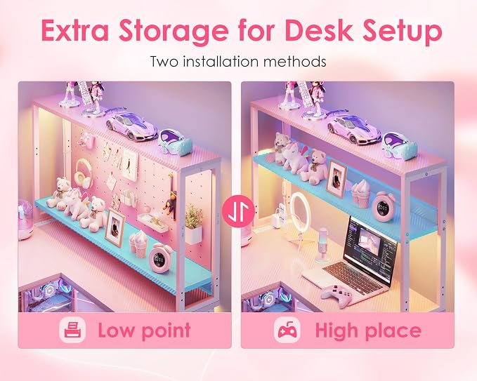 AODK L Shaped Desk Gaming Desk with LED Light & Power Outlet | 53 Inch Pink Reversible L Shaped Computer Table with Shelf & Storage Bag & Hook for Home Office