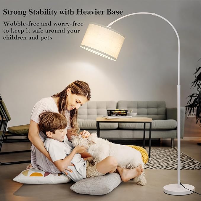 White Arc Floor Lamp, Modern Floor Lamp for Living Room with Adjustable Lamp Head, Tall Pole Standing Lamp with On/Off Pedal Switch, Over Couch Arched Reading Light for Bedroom, Office, Study Room