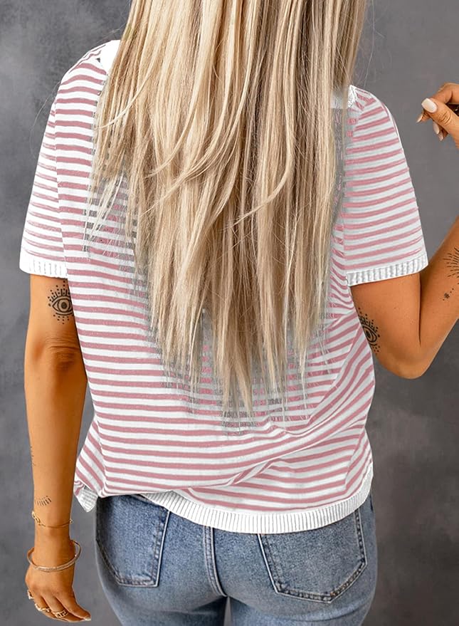 Dokotoo Womens Tops 2026 Casual Summer Crewneck Short Sleeve Striped Color Block Knit High Low Trendy Pullover Sweaters
