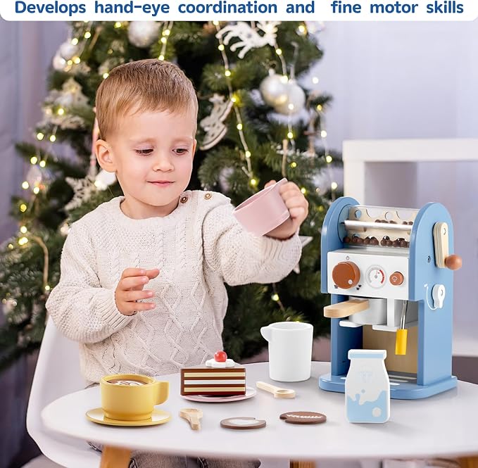 GAGAKU Wooden Coffee Machine Toy with Grinder，15 pcs Wood Play Kitchen Accessories for Kids Non-Toxic Pretend Play Barista Set Learning Gift for Toddlers Girls Boys Ages 3+