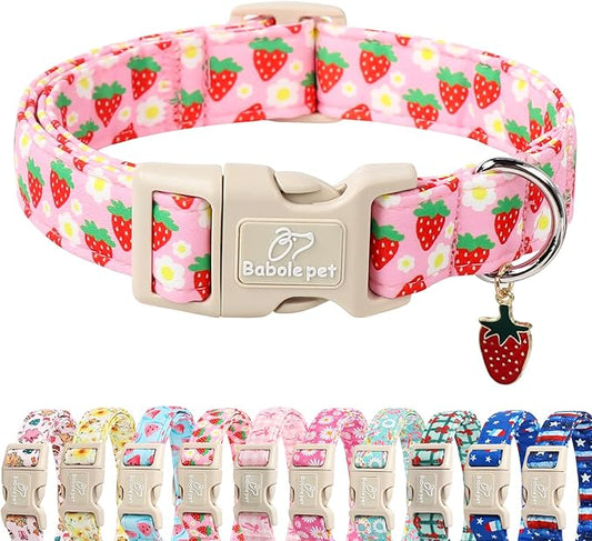 Cute Spring/Summer Dog Collar, Adjustable Pink Strawberry Dog Collars for Large Dogs, Lightweight Quick-Release Buckle Collar for Boy&Girl Dogs L