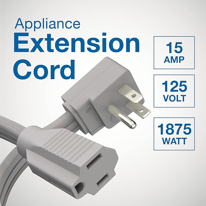 Appliance Extension Cord - 12ft Heavy Duty Gray Extension Wire for Air Conditioner, Refrigerator, & All Major Appliances - 14 Gauge High Voltage 3 Prong Flat-End Appliance Cord, for Indoor use