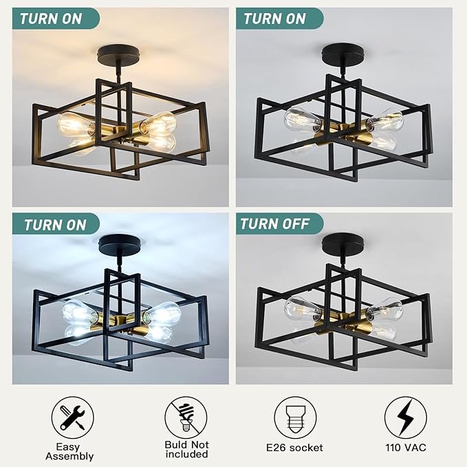 ZGLAOJT 4-Lights Close to Ceiling Light Black and Gold Light Fixture Industrial Flush Mount Ceiling Light Farmhouse Chandelier Lighting for Kitchen Island Dining Room Bedroom Foyer Hallway.
