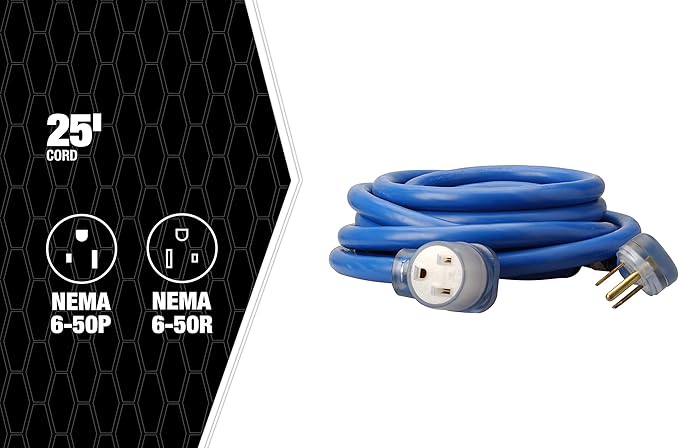 Southwire Extension Cord with NEMA 6-50 Plug & Receptacle - Built for Welding Machines - 8/3 STW Jacket - Lighted Ends - Molded for Safety - Portable - 250V/50A - 25FT