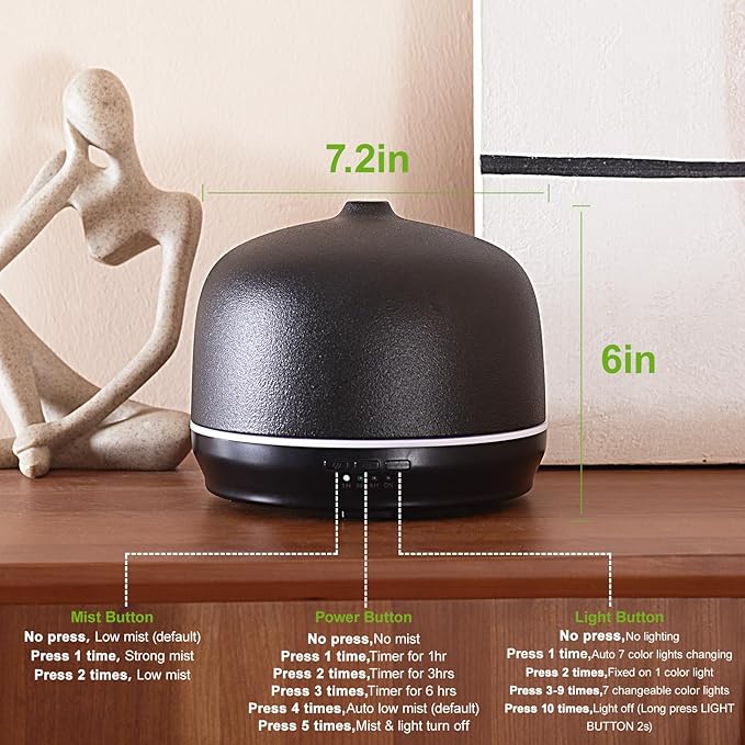 Ceramic Essential Oil Diffusers for Home Large Room, Aromatherapy Scent Air Diffuser Ultrasonic Aroma Defusers 500ml with Timed—Black- C