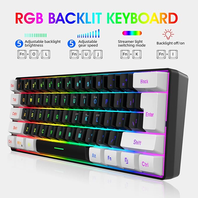 Snpurdiri 60% Wired Gaming Keyboard, Small RGB Backlit Membrane Gaming Keyboard, Ultra-Compact Mini Waterproof Keyboard for PC Computer Gamer White and Black | Backlit Small Membrane Gaming Keyboard for PC Computer Gamer