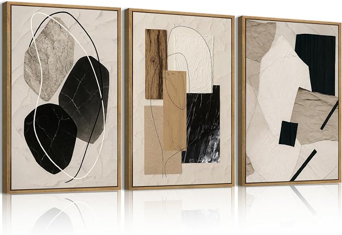 Large Abstract Paintings Framed Neutral Canvas Prints Mid Century Modern Wall Art for Living Room Bedroom Bathroom 36x24 Inch 3 Piece