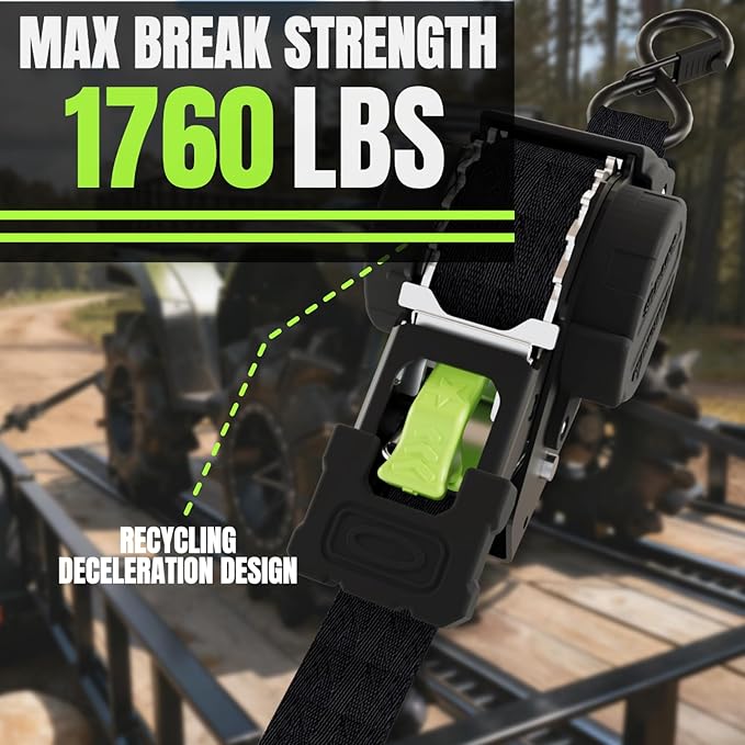 Retractable Ratchet Straps 1 Inch x 12 Feet Heavy Duty Tie Downs Auto Retract Ratchet Strap 1760lb Break Strength Self Retracting for Truck,Cargo,Trailer,Motorcycle,ATV,UTV (Black-Green,2 Pack)