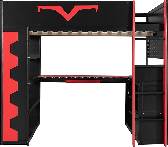 Full Size Gaming Loft Bed with Integrated Desk & RGB LED Lights,Bunk Bed with Power Outlet, Large Bookshelf, Pegboard, Keyboard Tray & Drawer (Red-Bo, Full)