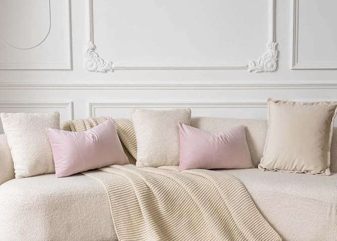Pink 12x20 Throw Lumbar Pillow Covers Decorative Cushion Covers Set of 2 | Soft Velvet Pillow Cases with Invisible Zipper for Modern Couch Sofa Bed Living Room Bedroom Home Decor