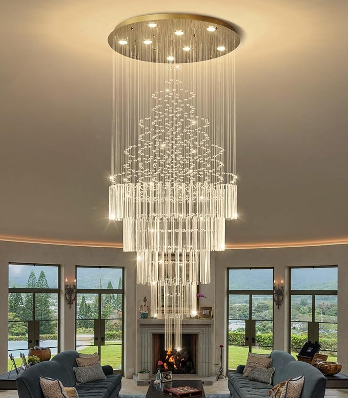 W24 x H78 Crystal Glam Chandelier Long Light Chandeliers with Dimmable Light Bulbs High Ceiling Light Fixtures for Foyer Entryway Living Room Stair Gold