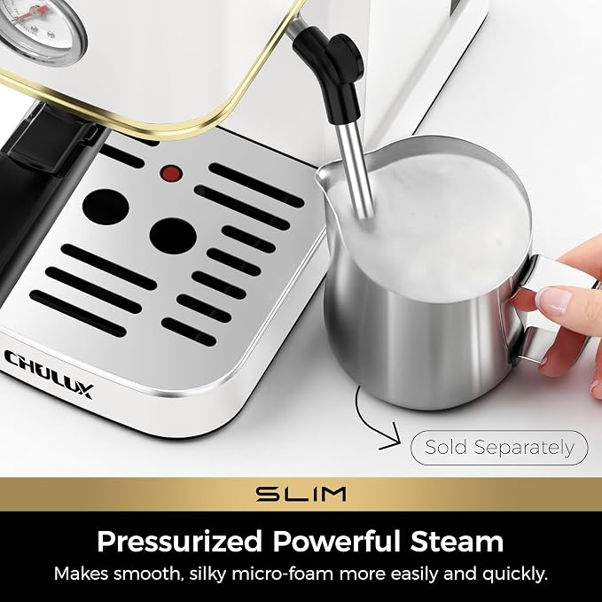 CHULUX Slim Espresso Machine with Milk Frother for Home Latte, White & Gold | Precise Pressure Gauge, Food-Grade Materials, 20 Bar Italian Pump, Professional Temperature Control System, Stainless Steel