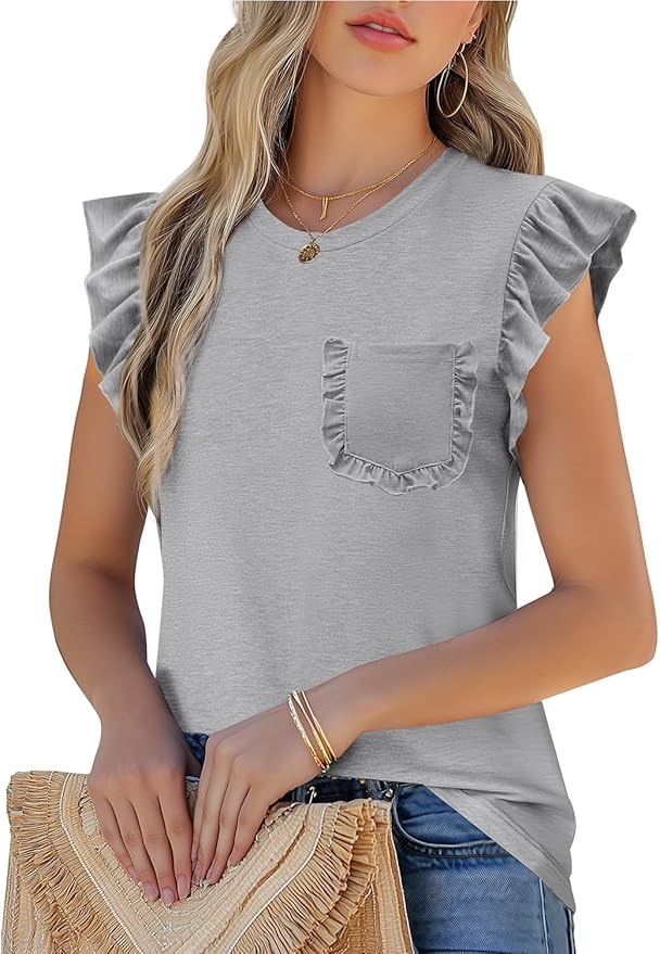JUSTFASHIONNOW Womens Summer Tops Striped T-Shirts 2026 Ruffle Short Sleeve Crew Neck Casual Blouses with Pocket