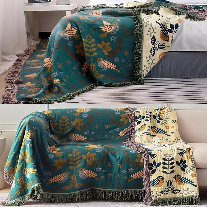 Boho Throw Blanket for Bed 100% Cotton Bohemian Blankets Ultra Soft Woven Muslin Decorative Blankets All Seasons Vintage Quilt Knitted Blanket for Sofa Chair(Blue, 80"x90")