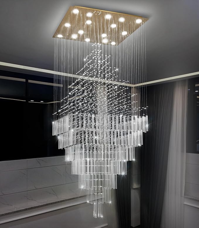 W40 x H120 Glam Chandelier with LED Bulbs Square Chandeliers, Crystal Raindrop High Ceiling Pendant Light for Entrance Large Villa Foyer Lighting Fixtures Gold