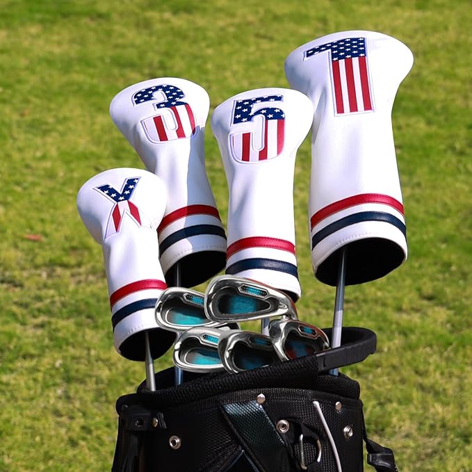 Golf Head Covers, 4pcs or 1pc USA Stars and Stripes Golf Club Covers for Woods and Driver Fairway Hybrid, PU Leather Golf Club Head Covers for Men Women with Interchangeable Tags, Fits Most Golf Clubs