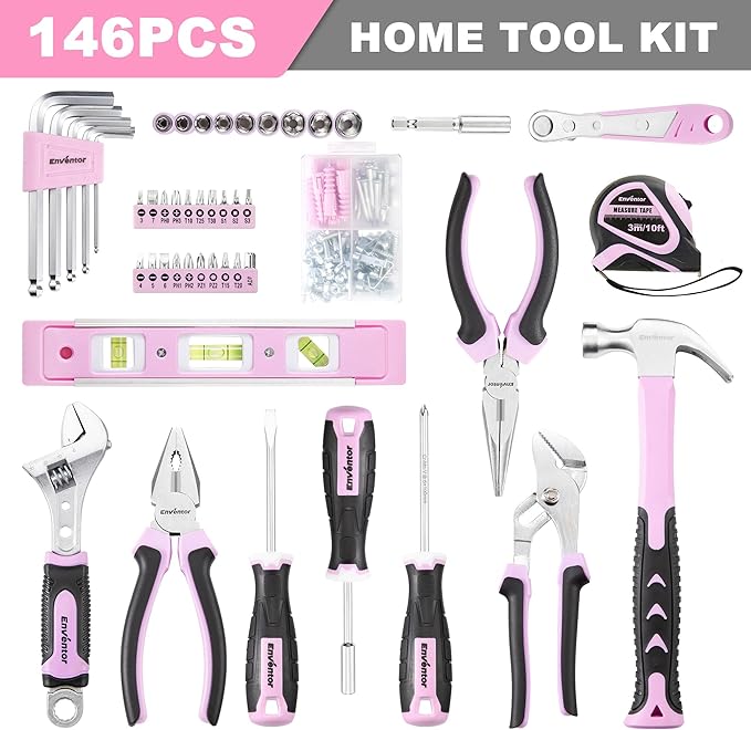 Enventor Pink Tool Kit Set for Women, 146PCS General Household Hand Tool Kit with Storage Toolbox, Ladies Small Basic Tool Kits for Home Maintenance, DIY Projects