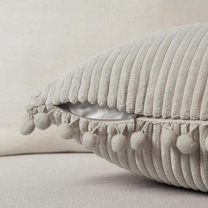 Fancy Homi 2 Packs Neutral Taupe Decorative Throw Pillow Covers 18x18 Inch with Pom-poms for Couch Bed Sofa, Aesthetic Modern Organic Farmhouse Boho Home Decor, Soft Corduroy Cute Accent Cushion Case