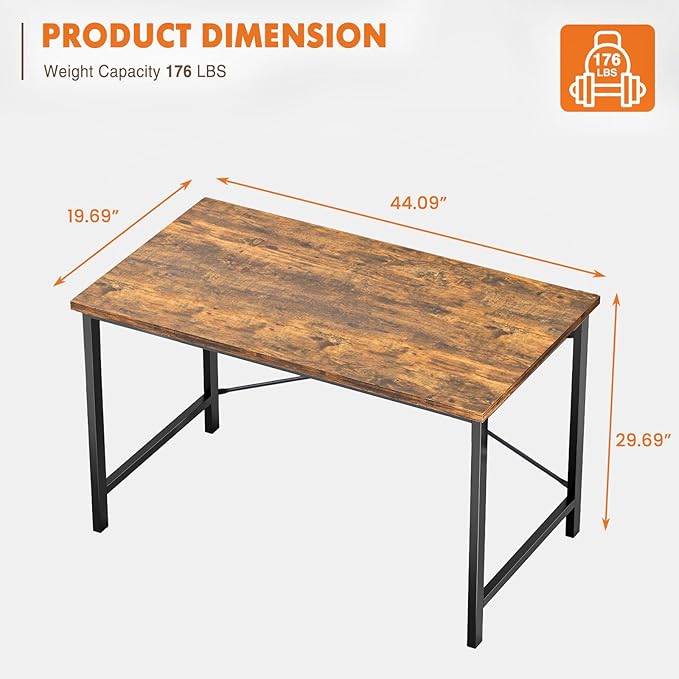 Sweetcrispy 44-Inch Small Computer Desk for Bedroom, Brown | Gaming Writing Work and Study Desk for Home Office, Sturdy Metal Frame and Compact Modern Design with X-Shaped
