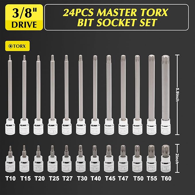 EMENTOL 3/8 Inch Drive Torx Bit Socket Set, Extra Long Star Bit Sockets, 24-Piece, Cr-V and S2 Alloy Steel, T10-T50