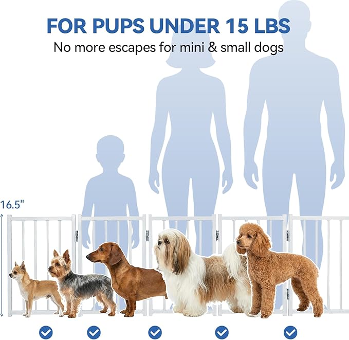 BFNN Free Standing Dog Gate, 16.5" High Short Pet Gate for Stairs and Doorways, Up to 48" Wide Foldable Puppy Fence, Indoor & Outdoor Use, No Drilling and No Assembly, for Small & Toy Dogs, White