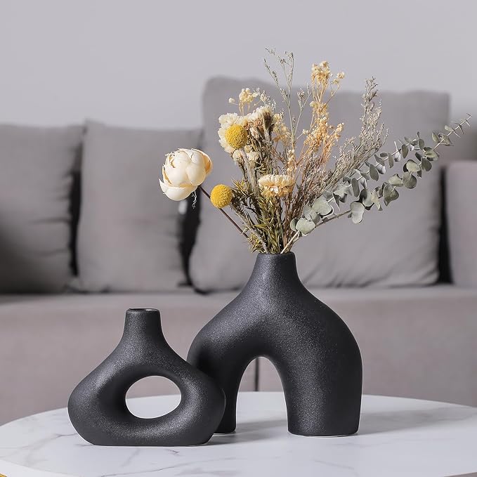 CEMABT Black Ceramic Vase Set of 2 for Modern Minimalist Bohemian Decor，Round Matte Donut Vases for Pampas Grass-Perfect for Living Room, Dining Table, Office Bedroom Shelf Decor Entryway, Console