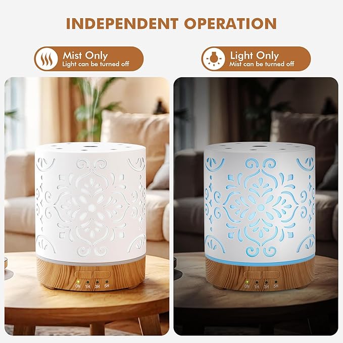 Essential Oil Diffuser for Home - 300ML Metal Aromatherapy Diffuser with Auto Shut-Off Protection & 4 Timers, Ultrasonic Humidifier with 7 Colors Lights for Large Room, Home Office Décor(White Flower)
