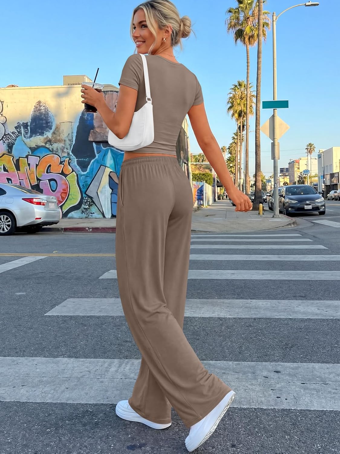 Trendy Queen 2-Piece Matching Summer Lounge Set - Women's Side Ruching Top & Wide Leg Pants with Pockets