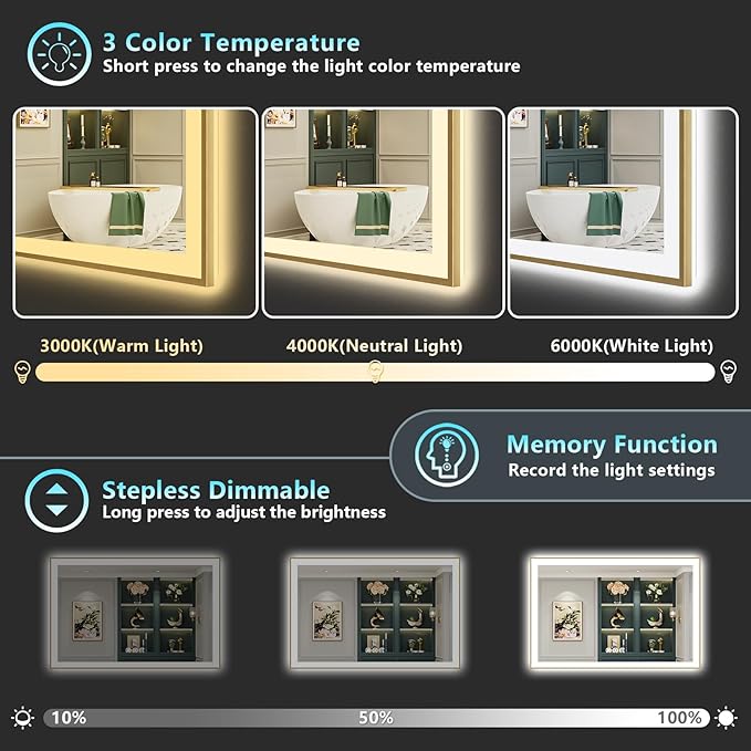 50x40 Gold LED Bathroom Mirror with Lights, Brushed Gold Framed Backlit and Front Lit Anti-Fog Lighted Vanity Mirrors for Bathroom Wall, Dimmable, 3 Colors, Memory, HD Tempered Glass, CRI＞90