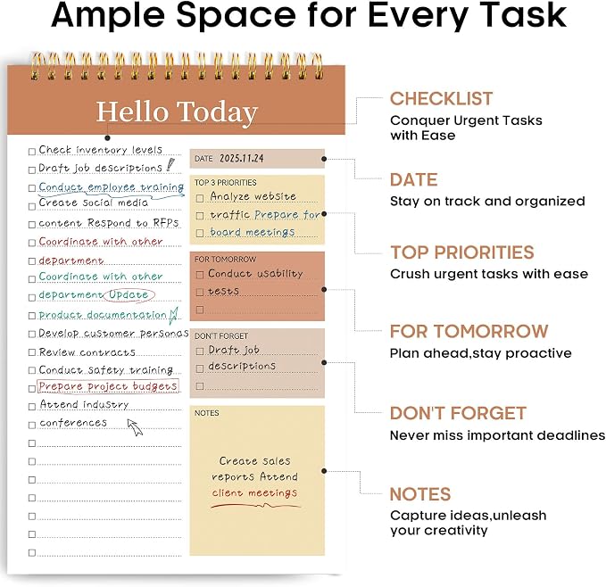Taja To Do List Notepad, Undated Daily Planner for Work and Goal Setting | Brown, 52 Sheets, 9.8" x 6.5" , for Office, Home and school, Daily Task Planning, Notes and Everyday Organization
