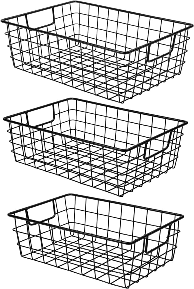 Wetheny 3 Pack Extra Large Wire Basket with Metal Handles, Metal Basket for organizers and storage, Wire Storage Baskets for Pantry, Cabinet, Fridge, Kitchen, Wardrobe, Garage, Bathroom, Black
