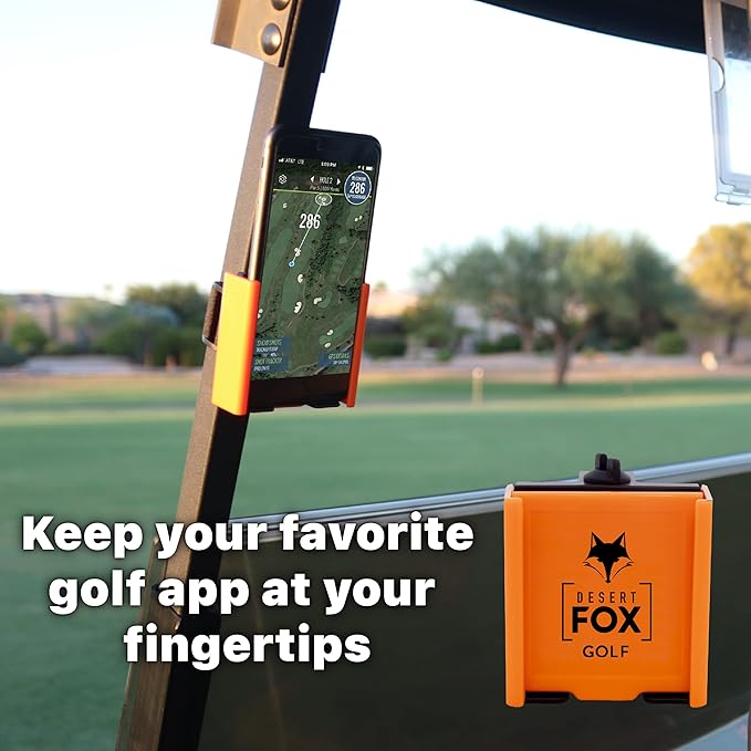 DESERT FOX GOLF Phone Caddy – Adjustable Golf Cart Phone Holder with Secure Strap for Hands-Free GPS & Golf Apps – Universal Fit