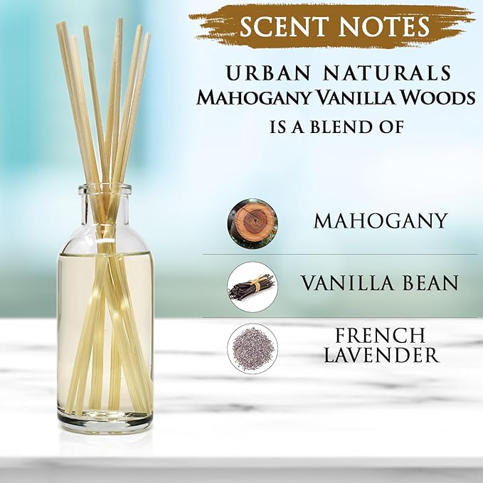Urban Naturals Mahogany Vanilla Woods Reed Diffuser Set – Made with Essential Oils & Real Botanicals – Decorative Air Freshener and Beautiful Home Décor – Made in The USA