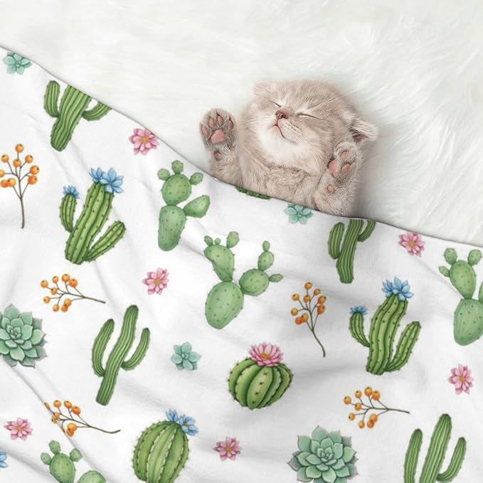 Double Sided Pet Throw for Dogs Who Shed, Watercolor Elements Succulent Plants Cactus, Reversible Blanket with Nubby Dot Side Catches Loose Fur for Easier Furniture Cleanup