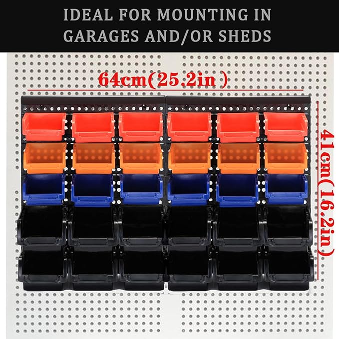 MULSAME Wall Mounted Storage Bins Parts Rack 4 Colors Bin Organizer Garage Plastic Shop Tool, Garage Organizers and Storage (Style-Classic) 25.2"*16.2"