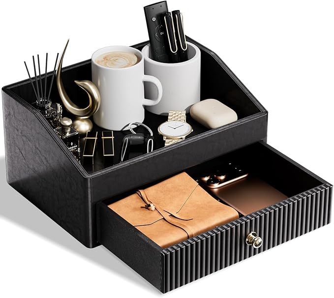 Desk Accessories,Black Vegan Leather Desk Organizers with 1 Draw & Tray,Remote Control Holder with Gold-Tone Metal Accents Knob for End Tables,Bedside Table,Bedroom