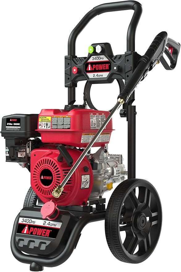 A-iPower Gas Pressure Washer 3400PSI 2.4 GPM Gas Powered Foldable Frame Pressure Washer 12'' Wheel Gas Power Washer, Onboard Soap Tank, with Spray Gun 5 QC Nozzles, for Fence/Cars/Driveways (GPW3400)