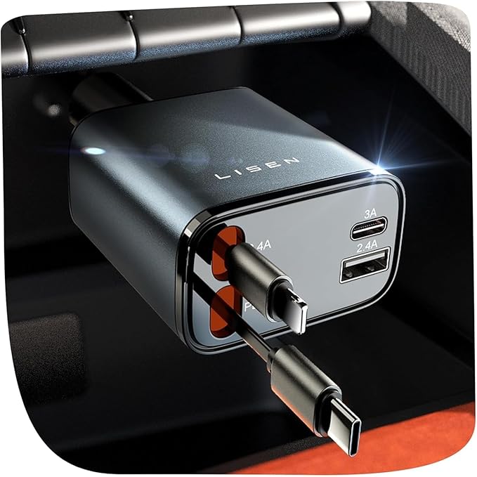 LISEN Retractable Car Charger, 84W Car Charger USB C Fast Charge, Multi Cigarette Lighter Adapter, 4 in 1 Car Accessories Birthday Gifts for Men Women Dad Mom Husband, for iPhone 17 16 15 14 13 12 X